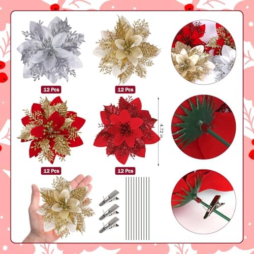 48 Pcs Christmas Poinsettia Artificial Flowers with Clips 5.5" Christmas Tree Wreaths Garland Decoration Glitter Flowers Picks Decor with Stems for DIY Xmas Wreath New Year Holiday Home Party Decor