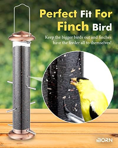 iBorn Nyjer & Thistle Bird Feeder for Outdoors Hanging，Finch Feeders for Outside，Metal Tube Bird Feeder 15 Inch with 12 Small Ports,8 Metal Perches,Copper-Plating
