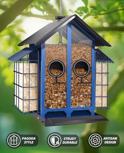 Metal Bird Feeders for Outdoors Hanging Bird House with Solar Lights, Blue