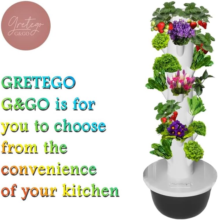 GRETEGO G&GO Hydroponics Growing System Kit, Aero Gardening System, Hydroponic Tower|28 Net Pots for Tomato, Green
