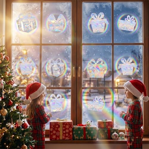28PCS Thanksgiving Christmas Gift Box Window Clings Non Adhesive Rainbow Clings for Glass Window Decals to Prevent Bird Strikes Anti Collision Window Bird Stickers, Rainbow Sticker