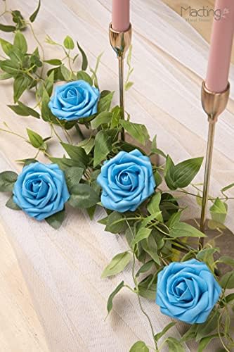 30PCS Dark Teal Blue Artificial Roses with Stems, Real Touch Foam Flowers