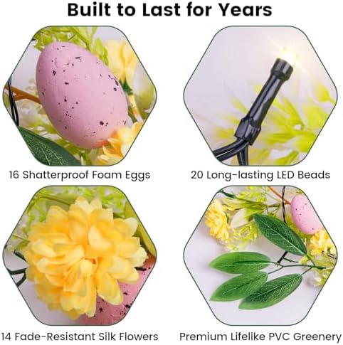 Easter Garland with Lights 6FT - Lighted Spring Flower & Egg Vine Decor - 20 LED Battery Operated with Auto Timer & 8 Modes - Mantel Fireplace Door Easter Decor