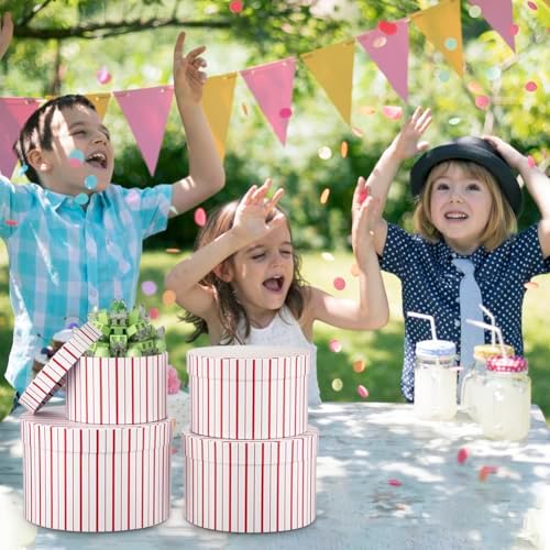 Oairse Gift Boxes with Lids for Presents Red and White Striped Round Box for Flower Arrangements Set of 4 Nesting Gift Boxes Bulk for Bridesmaid, Proposal, Wedding, Birthday, Party Favor Graduation