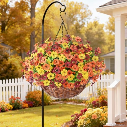 Yastouay 24 Bundles Fake Mums Fall Hanging Basket for Outdoor Decorations
