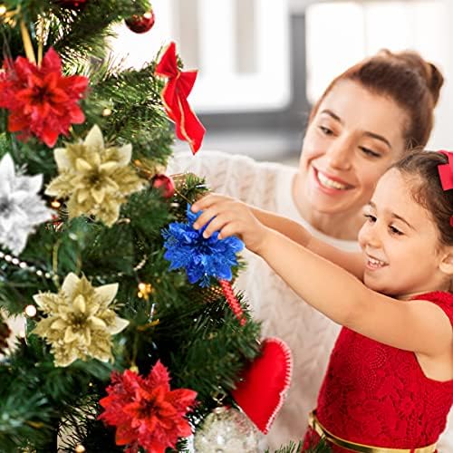 FurRain Christmas Poinsettia Artificial Flowers Decorations 5.5" Christmas Tree Wreaths Garland Decoration 12 Pcs Glitter Flowers Picks Decor for Xmas New Year Wedding Party Ornaments (Silver)