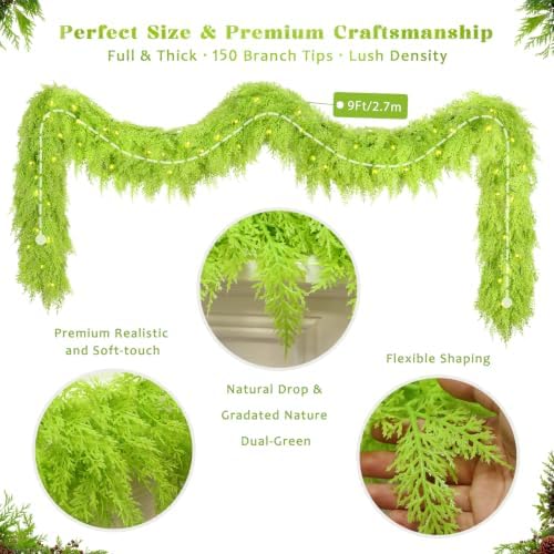 9FT Whimsical Christmas Cedar Garland for Mantel, Soft Touch with Lights