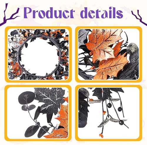 YNYLCHMX 20" Halloween Wreath for Front Door, Golden and Black Maple Leaves