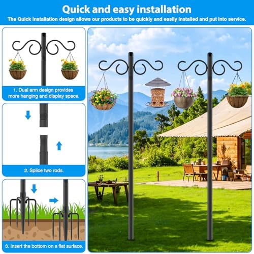 90 Inch 2 Pack Adjustable Shepherds Hooks for Outdoor with 5 Prong Base Heavy Duty Outdoor Garden Shepherds Hooks Hanger for Hanging Bird Feeder Flower Plant Baskets Solar Light Lantern Pole Stand