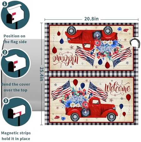 4th of July Mailbox Cover Magnetic Large Size 25x21 Inch American Flag Patriotic Truck Mailbox Cover Independence Day Decorative Mailbox Wraps Post Letter Box Cover for Home Garden Yard