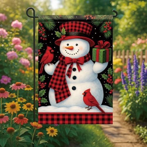 Christmas Garden Flag Buffalo Plaid Snowman Cardinal Gift 12x18 Inch Double Sided Outdoor Yard Banner for Winter Holiday Merry Christmas Decoration Seasonal Cute Welcome Decor.