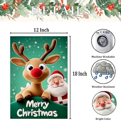Merry Christmas Garden Flag 12x18 Inch Double Sided Outside,Santa Deer Xmas Happy Holiday Season Yard Flags,Burlap Welcome Small Garden Flags Vertical Banner for Outdoor Decoration