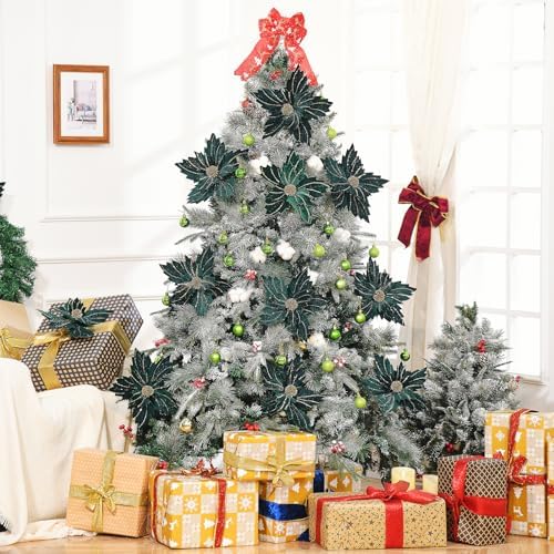 6 Pcs 12" Large Glitter Poinsettia Artificial Christmas Flowers with Stems Xmas Tree Wreath Ornaments New Year Home Wedding Party Decor (Dark Green)