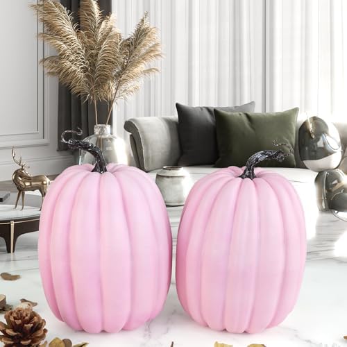 Artmag 8 Inch Large Artificial Pumpkins, 2PCS Big Pink Pumpkins Faux Foam Harvest Pumpkins for Fall Autumn Thanksgiving Seasonal Holiday Decor Decorations (Pink)