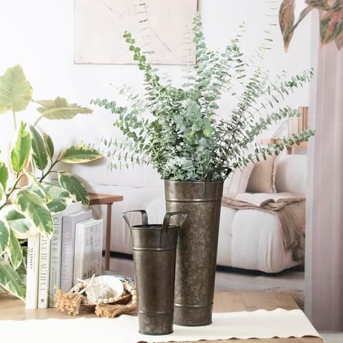 ANDALUCA Galvanized Metal Floral Vases with Handles Set of 2 (Charcoal)