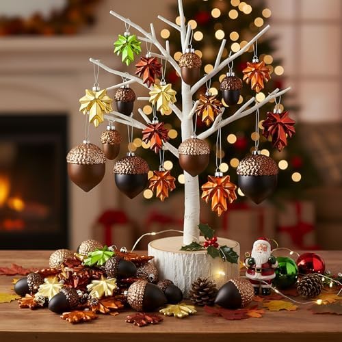 Soaoo 30 Pcs Matte Fall Thanksgiving Mini Tree Hanging Decor Leaf Acorn