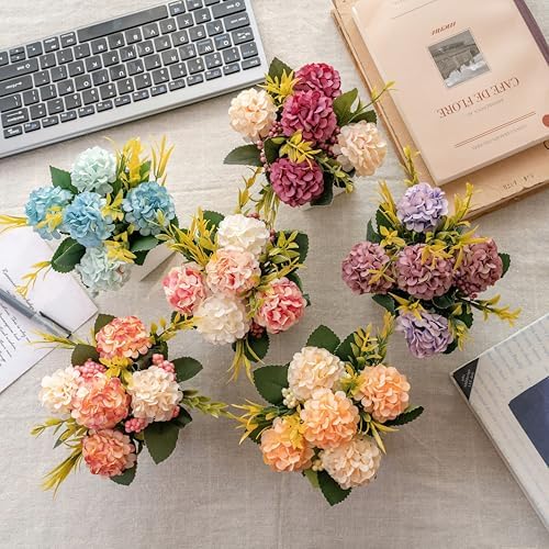 6Pcs Artificial Flowers with Ceramic Pot Small Fake Hydrangea Flowers