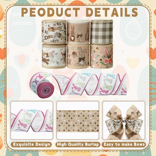 12 Rolls Easter Bunny Wired Edge Ribbon for Wreaths 2 Inch x 60 Yards Happy Easter Floral Bunny Print Grosgrain Ribbon for Bow Gift Bow Crafts Party Supplies 12 Styles