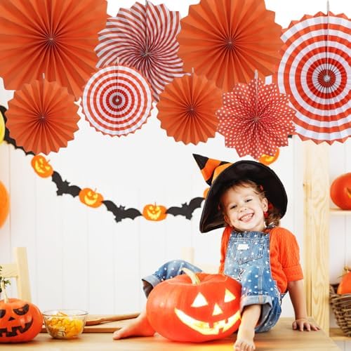Orange Party Decorations Hanging Paper Fans for Fall Thanksgiving Halloween