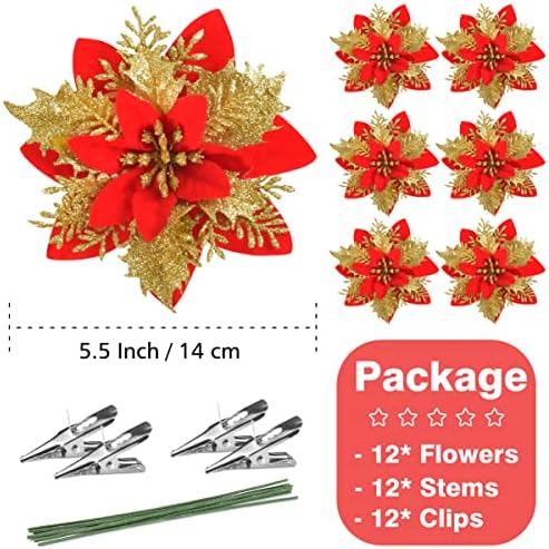 FurRain Christmas Poinsettia Artificial Flowers Decorations 5.5" Christmas Tree Wreaths Garland Decoration 12 Pcs Glitter Flowers Picks Decor for Xmas New Year Wedding Party Ornaments (Red Gold)