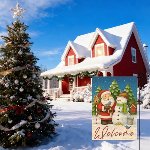 IVN Christmas Santa Snowman Welcome Garden Flag 12x18 Inch Yard Decor