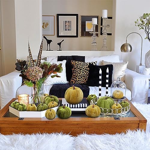 Woration 16pcs Fabric Fake Velvet Pumpkins Set Decoration Green Series
