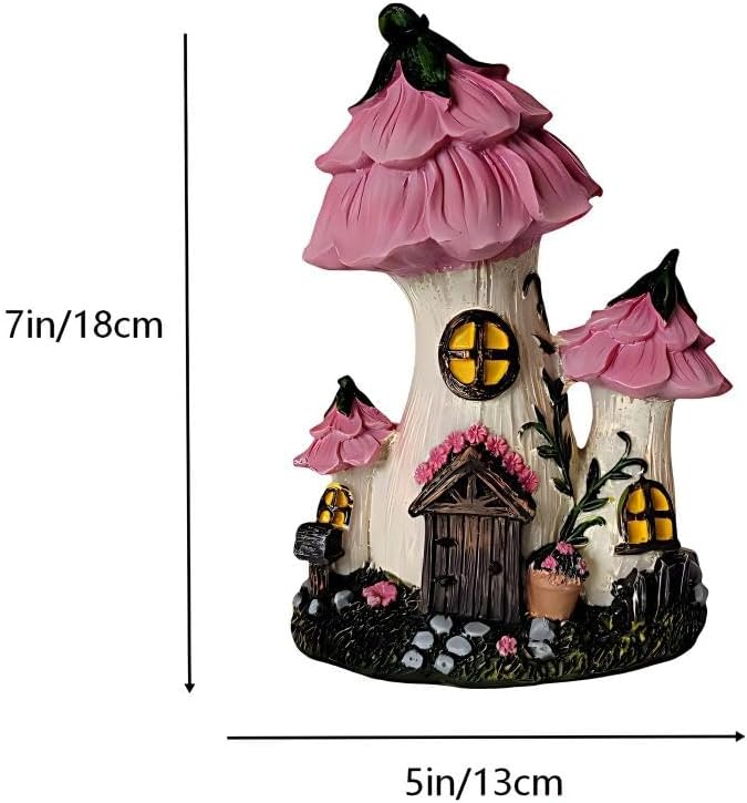 Mushroom Fairy House, Resin Pink Fairy Garden Statue, Outdoor Garden Decor for Patio Lawn, Fairy Door Accents for