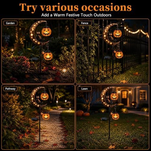 Solar Halloween Black Cat & Pumpkin Moon Garden Stake Light, Jack-o'-Lantern Lantern Solar Outdoor Waterproof LED Yard Decoration with Crescent Moon, for Garden, Patio (Style A)