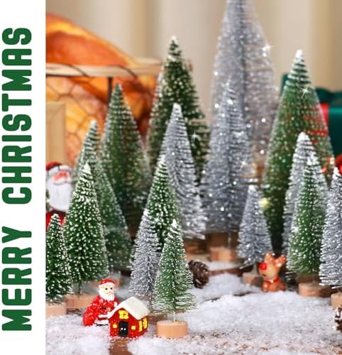 Set of 35PCS Mini Christmas Tree, Christmas Pine Cones, 2oz Fake Snow Powder, Mixed Christmas Decoration, Xmas Village Displays Winter DIY Crafts (Classic Green)