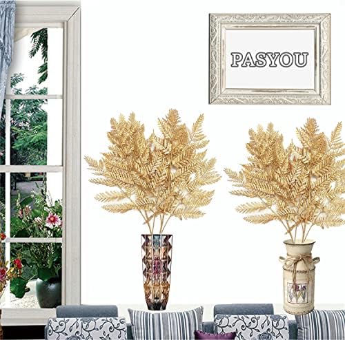 Artificial Plants Christmas Decor, PASYOU Gold Fern Fake Flowers Shrubs Plastic Grass Leaves Indoor Outdoor Home Garden Hotel Verandah Wedding Party Event Faux DIY Decoration, 30 Inch Golden 2 Bunches