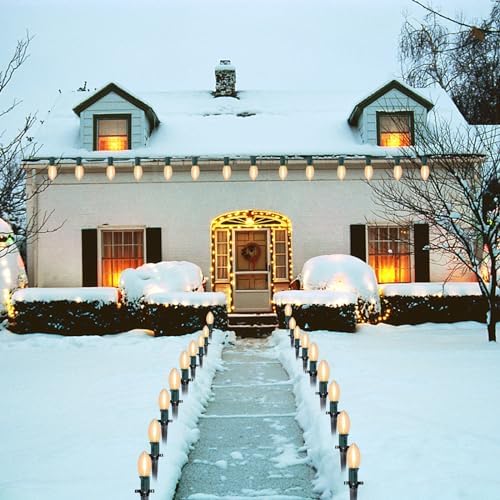 C9 LED Christmas Pathway Lights, 38FT Outdoor Warm White Pathway Markers Lights with 25 Stakes, Connectable Waterproof Outside Christmas Decorations for Xmas Party Decor Patio Yard Lawn, Garden