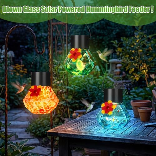 Nuogo 3 Pcs Blown Glass Hummingbird Feeder Gift Solar LED, Color C, Novel