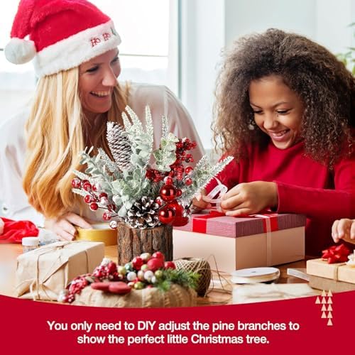 hatisan Small Christmas Tree, Artificial Christmas Tree with Christmas Ornaments Pine Cone Berry, Tabletop Christmas Tree for Christmas Decorations Home Room Party Winter Indoor Outdoor((Red-Round)