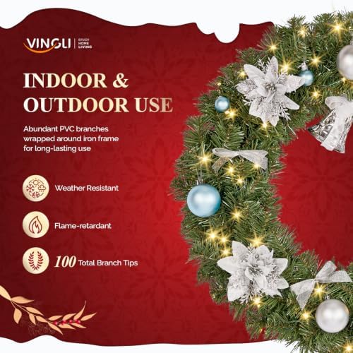VINGLI 24 Inch Pre Lit Christmas Wreath with 50 LED Light, Battery Operated