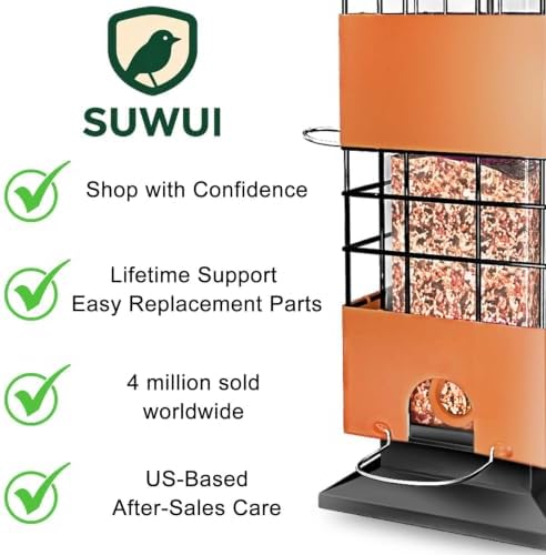 Squirrel Proof Bird Feeder, 3.5Lb Capacity Metal Bird Feeders for Outdoors Hanging, All-Weather Weight Activated Tube BirdFeeder with 4 Ports for Outside,Pigeon Resistant,Easy to Clean & Refill(Brown)