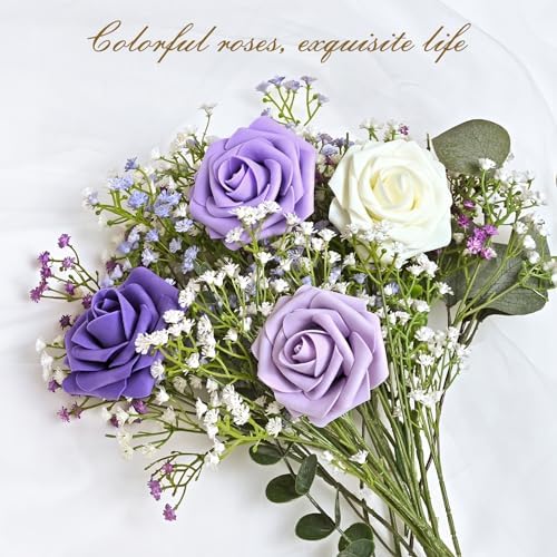 BLEUM CADE 16Pcs Artificial Flowers Fake Foam Roses with Stems for Wedding