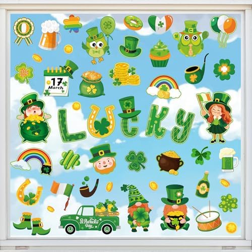 Whaline 9 Sheets St. Patrick's Day Cartoon Window Cling Stickers Cute Lucky Clover Green Shamrock Gnome Reusable Window Decals for Irish Party Home Classroom Decoration