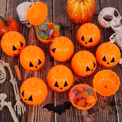 FOIMAS Halloween Pumpkin Candy Box,12pcs Mini Plastic Pumpkin Containers Fillable Candy Treat Box for Trick or Treat Halloween Party Decoration