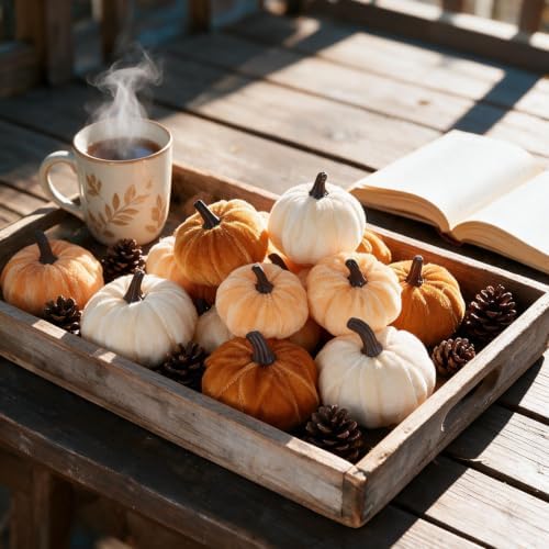 12 PCS Fall Thanksgiving Fake Velvet Pumpkins Harvest Small Artificial Faux Pumpkins Decor for Cornucopia Centerpieces Vase Bowl Filler Wreaths Halloween Fall Home Decorations Photo Props
