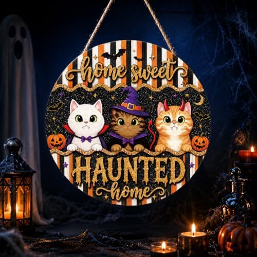 Halloween Cat Door Sign, Wooden Home Sweet Haunted Home Pumpkin Wreath