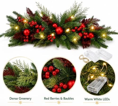 Yalikop 2 Pcs 24.5 Inch Christmas Swags with Light, Ball and Berry
