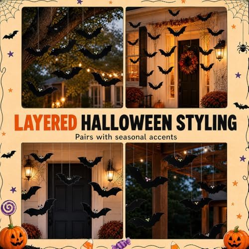 Hanging Bats Halloween Decoration Outside, 2026 Upgraded Light Up Bat Decor, Versatile Bat Party Decorations (24, Red, Medium)