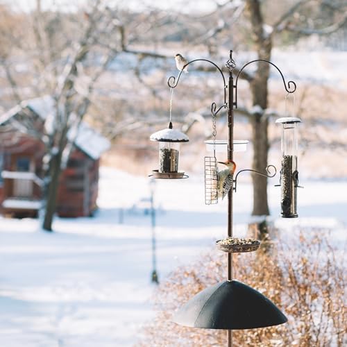 Backyard Expressions Heavy Duty Bird Feeding Station Kit w/Squirrel Baffle - 90" Bird Feeder Pole with 5 Prong Base, Suet Feeder, Mesh Feeding Tray, 4 Feeder Hooks, Water Dish - Black w/Gold Fleck