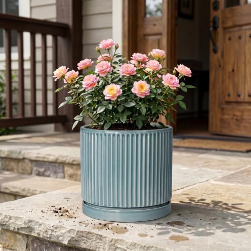 Ceramic Planter 10 Inch, Round Plant Pots with Saucer, Glaze Blue