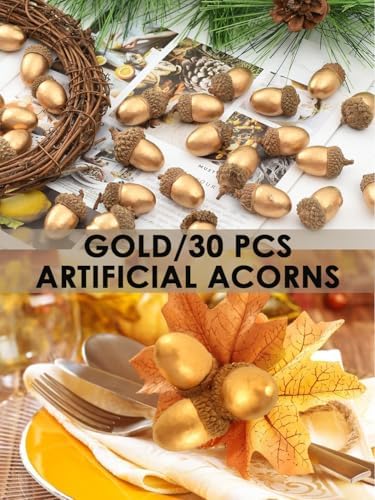 AKOAK 30 Pcs Artificial Acorns with Natural Acorn Cap, Lifelike Fake Oak Nut, Simulation Fruit Props for DIY Crafting, Wedding, House Decor Christmas Decoration Fall Table Scatter （Golden）