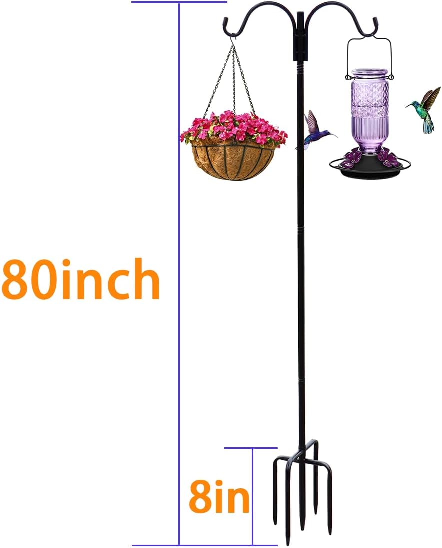 Shepherds Hooks Outdoor 80" Adjustable 2 Pack 5-Prong Base for Bird Feeders | Heavy Duty Double Garden Hooks for