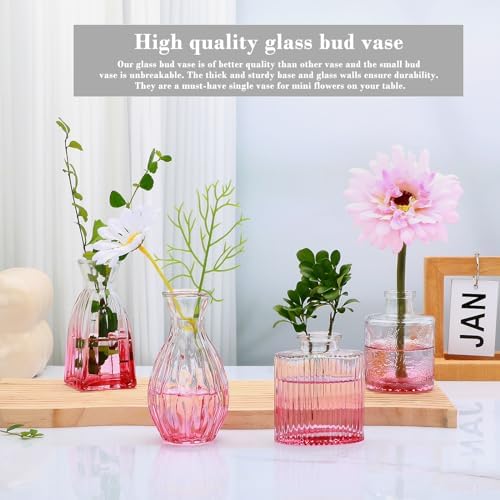 Glass Bud Vases Set of 4, Small Pink Flower Vases for Wedding Centerpieces