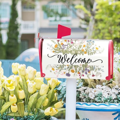 Spring Summer Floral Wreath Welcome Mailbox Cover Spring Wildflowers Mailbox Covers Large Size 25x21 Inch Seasonal Holiday Decorations Mailbox Cover Wraps Post Letter Box Cover for Home Garden Yard