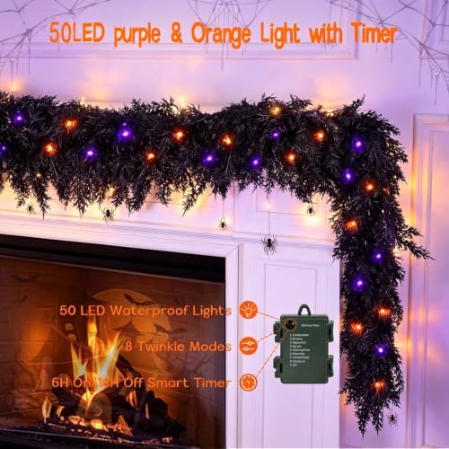 9ft Black Halloween Cedar Garland for Mantle, Soft Touch with Purple Lights