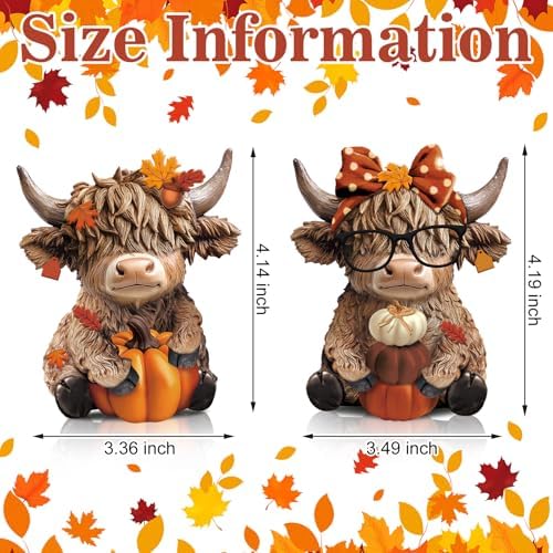 Karenhi 2 Pcs Fall Highland Cow Figurines Resin, Autumn Tabletop Decor